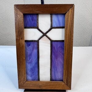Vintage Stained Glass Cross Suncatcher Blue White Window Decor Wooden Frame Art